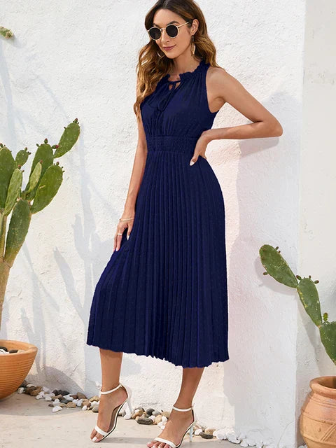 Élodie | Robe midi plissée à encolure nouée